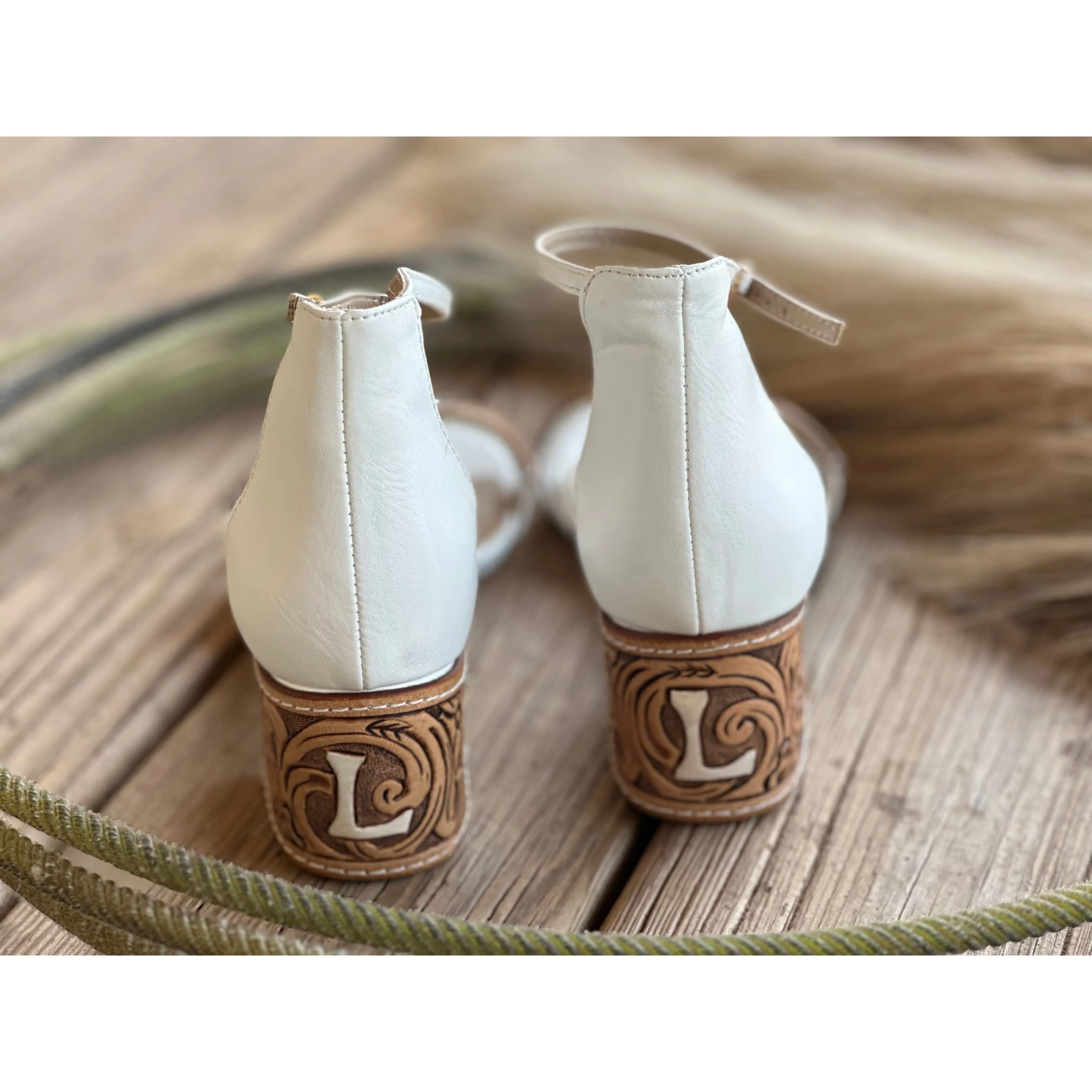 2 inch Tooled Heels with Custom Design -White