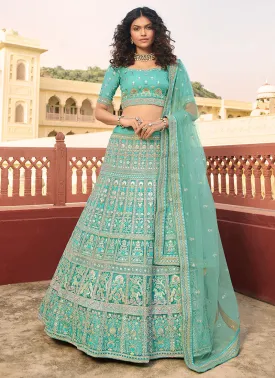 Aqua Blue Traditional Embroidered Organza Lehenga Choli