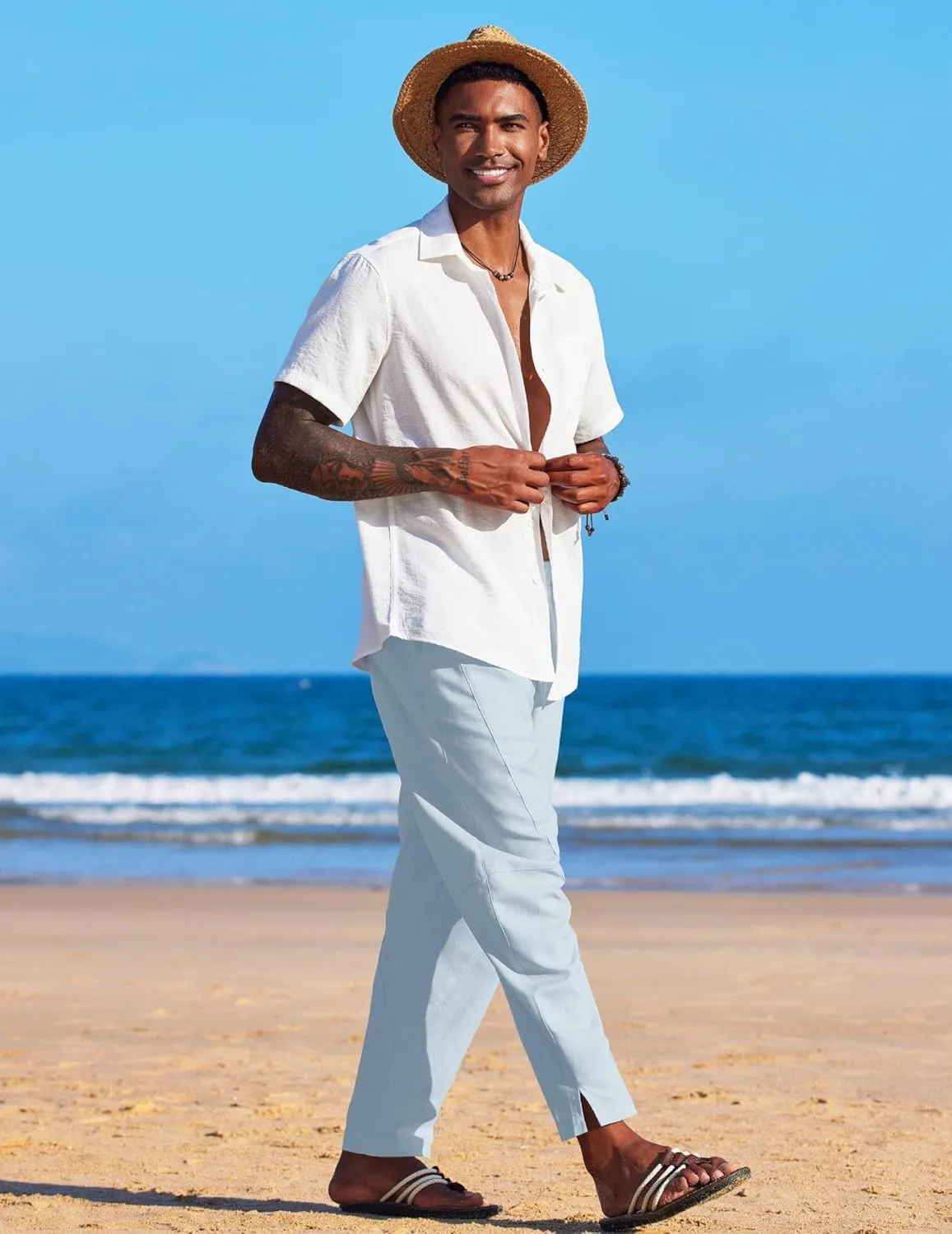COOFANDY Men's Linen Harem Drawstring Pants Casual Elastic Waist Lightweight Trouser Hippie Summer Beach Yoga Pants