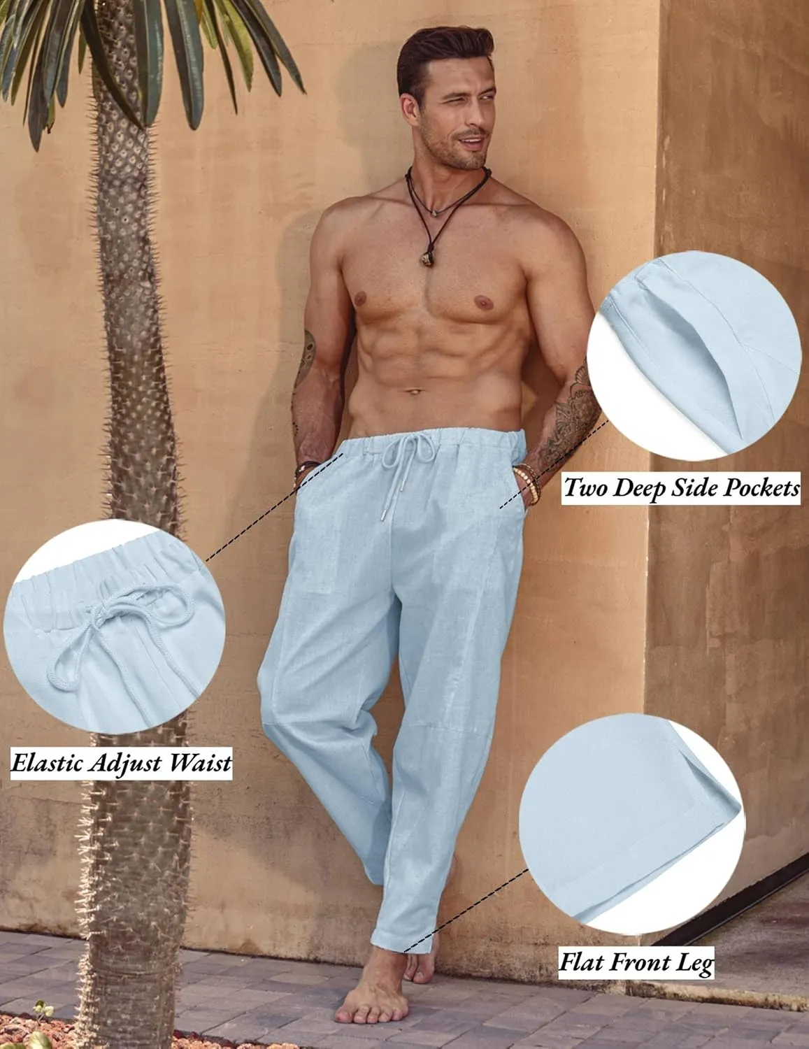 COOFANDY Men's Linen Harem Drawstring Pants Casual Elastic Waist Lightweight Trouser Hippie Summer Beach Yoga Pants