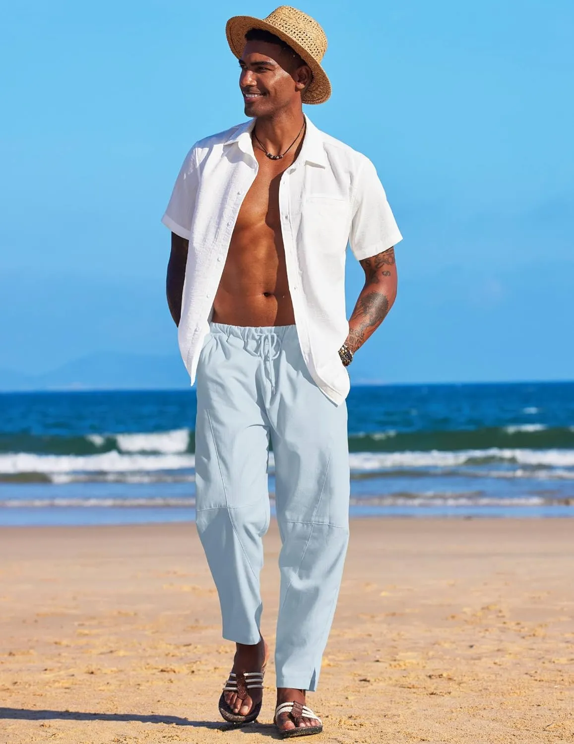 COOFANDY Men's Linen Harem Drawstring Pants Casual Elastic Waist Lightweight Trouser Hippie Summer Beach Yoga Pants