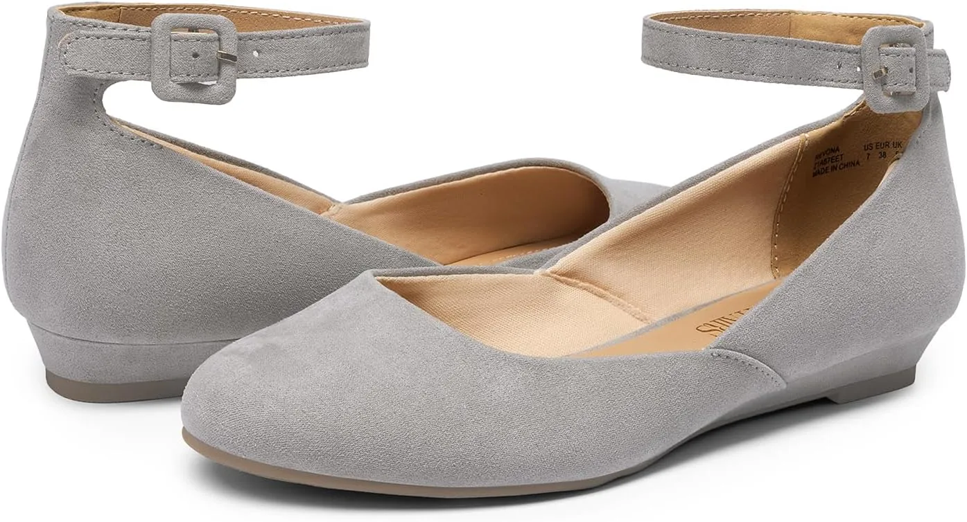 DREAM PAIRS Women's Dress Flats Ballet Low Wedge Round Toe Ankle Strap Comfortable Casual Flats Shoes