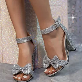 Hnzxzm 2024 New Luxury Women Sandals Shiny Bow Sequins Gold Silver Buckle Thick Heels High Heels Party Wedding Shoes