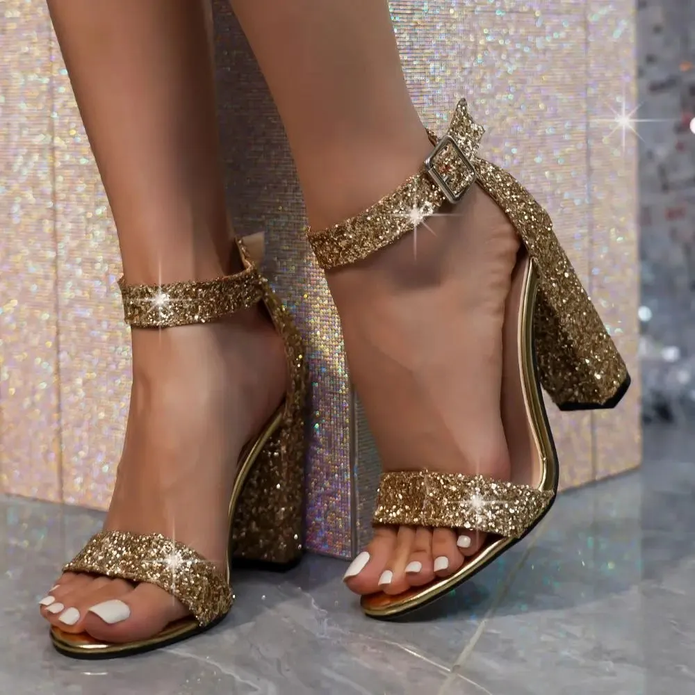 Hnzxzm 2024 New Luxury Women Sandals Shiny Bow Sequins Gold Silver Buckle Thick Heels High Heels Party Wedding Shoes