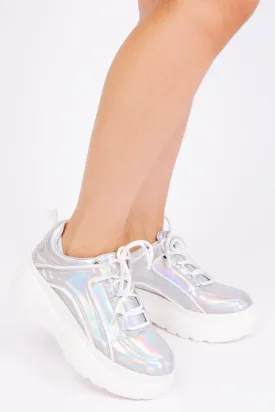 KAYLA CHUNKY TRAINERS IN MOON SILVER HOLOGRAM