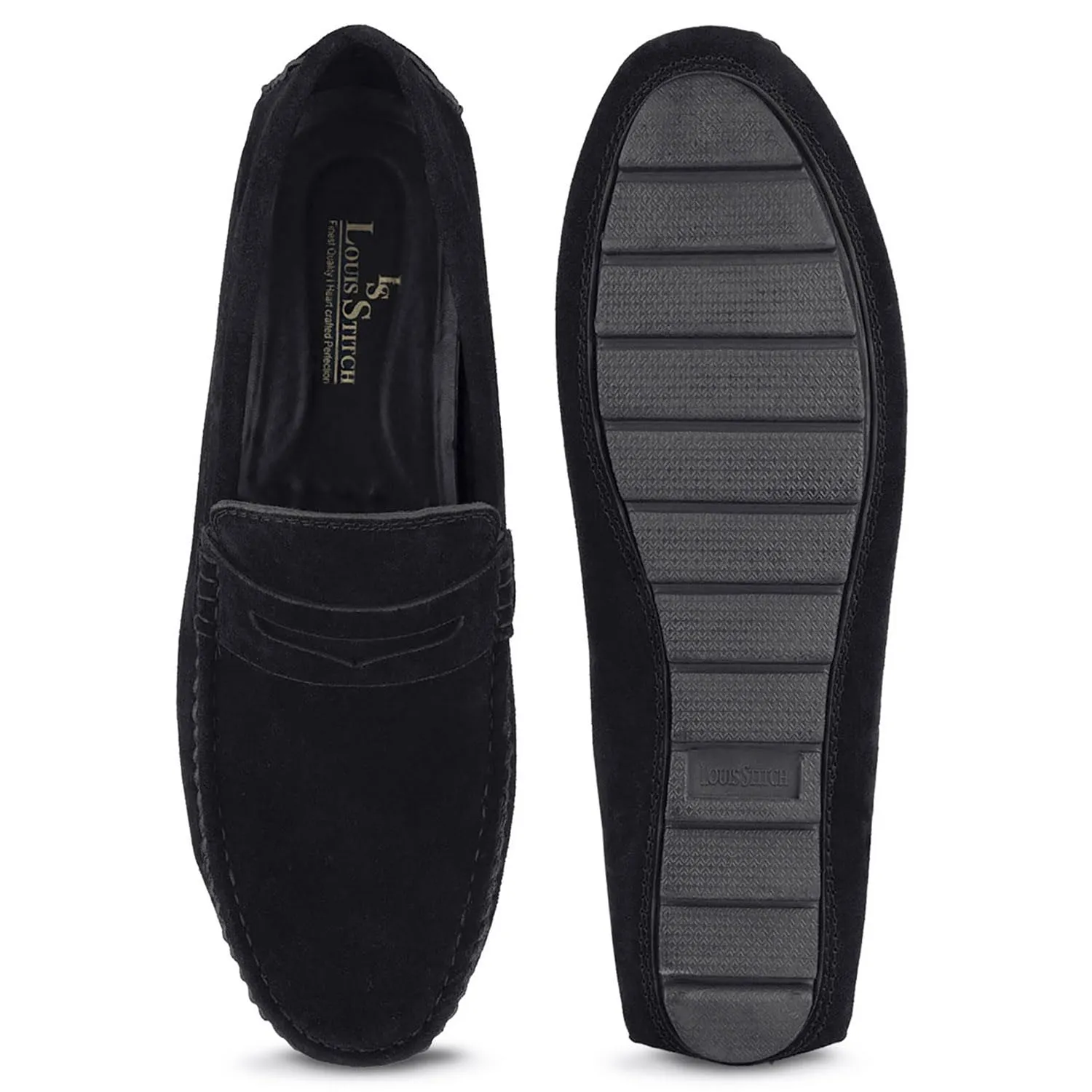 LOUIS STITCH Men's Obsidian Black Demesure Unerobe Italian Suede Leather Shoes Moccasin Style Handmade Loafers for Men (ITSU) (Size-9 UK)