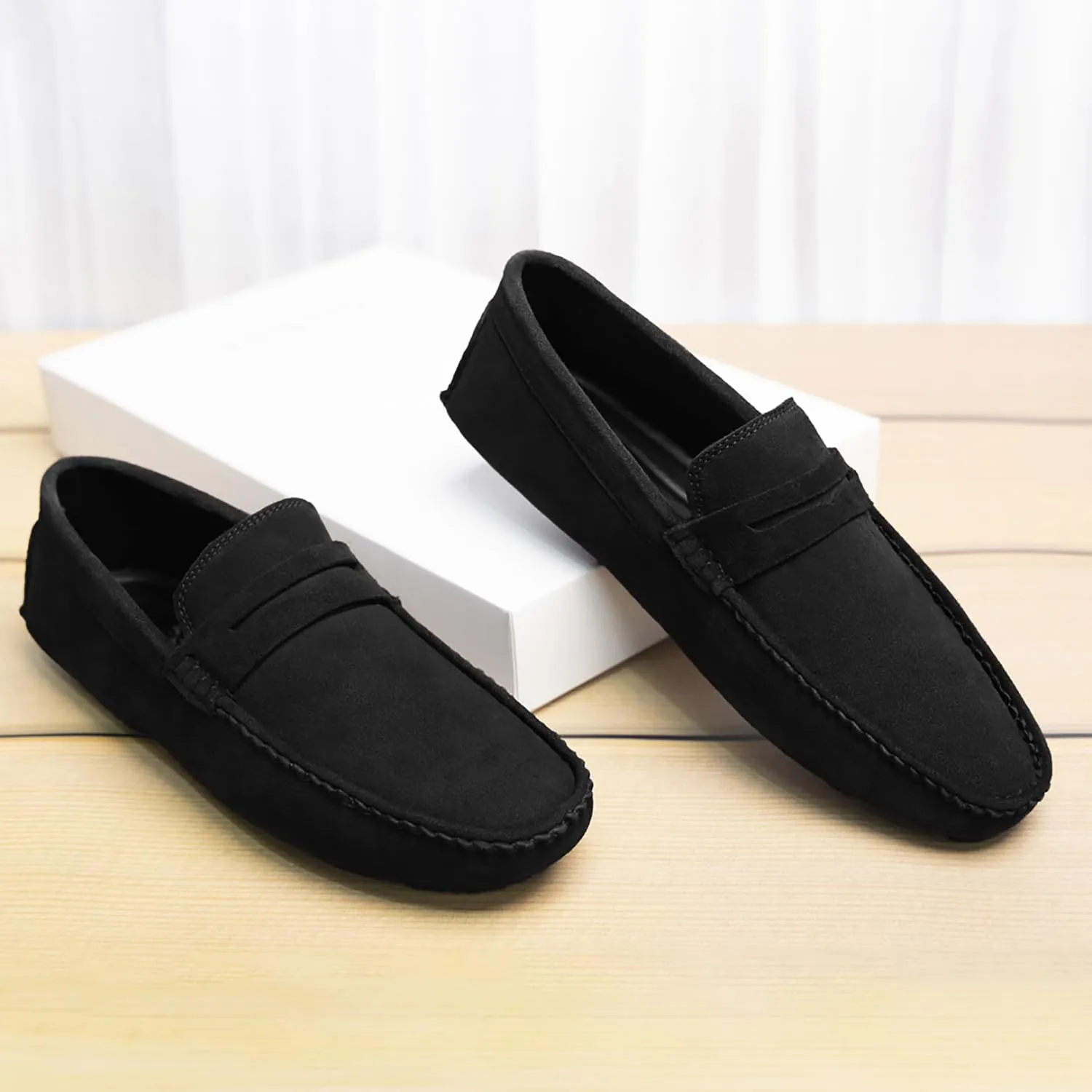 LOUIS STITCH Men's Obsidian Black Demesure Unerobe Italian Suede Leather Shoes Moccasin Style Handmade Loafers for Men (ITSU) (Size-9 UK)