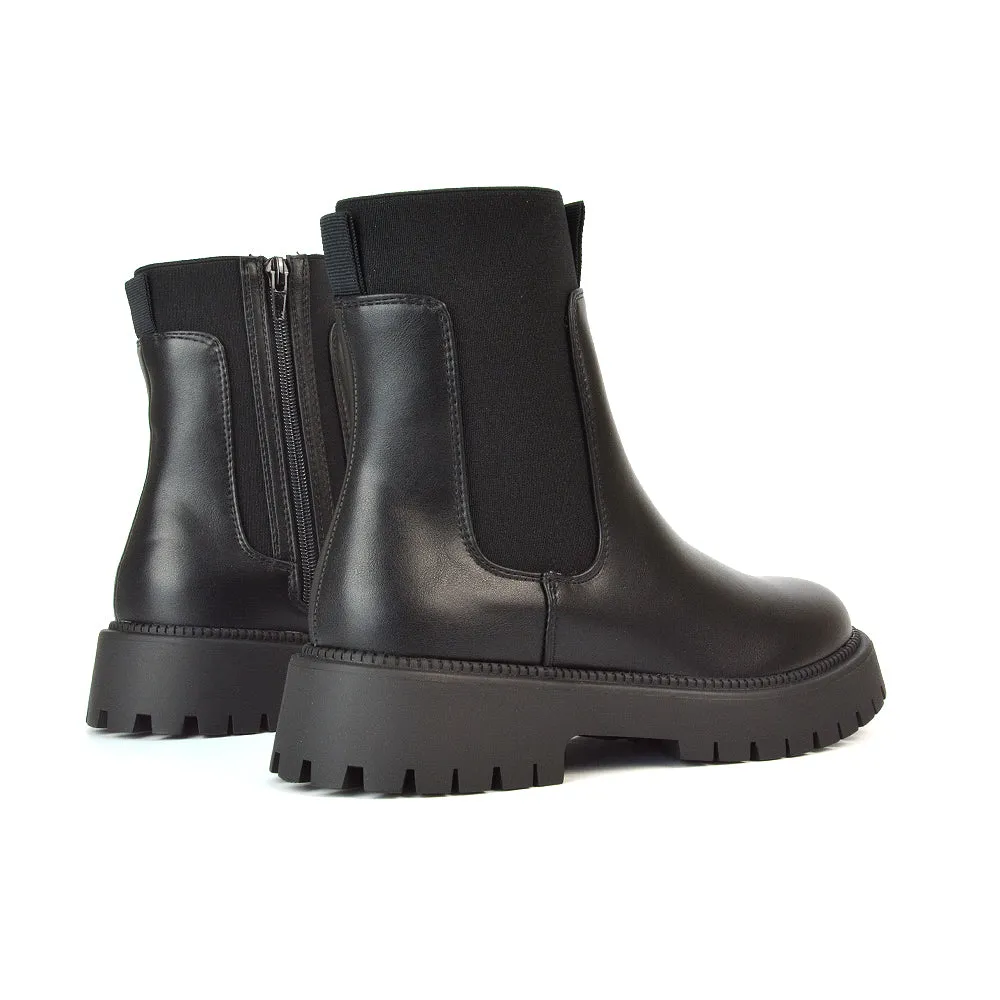 Nova Chunky Slip On Biker Sock Ankle Boots in Black PU