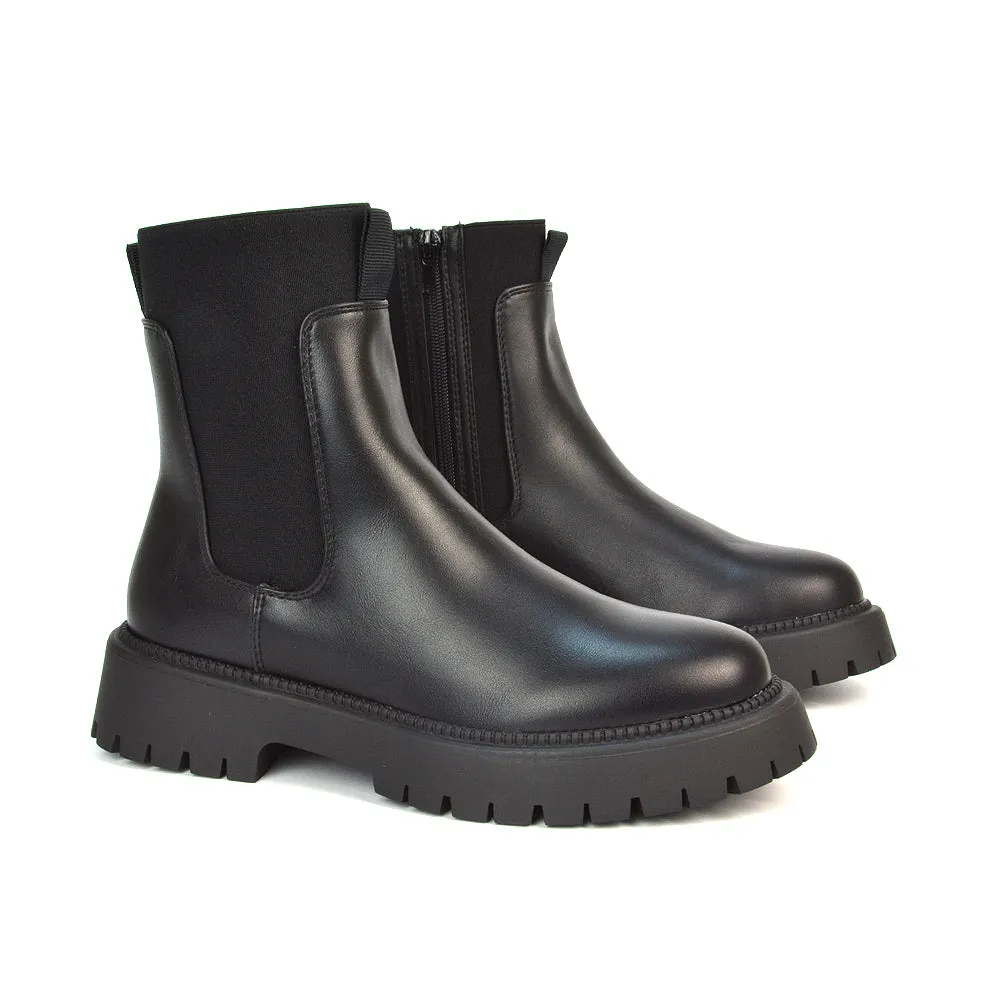Nova Chunky Slip On Biker Sock Ankle Boots in Black PU