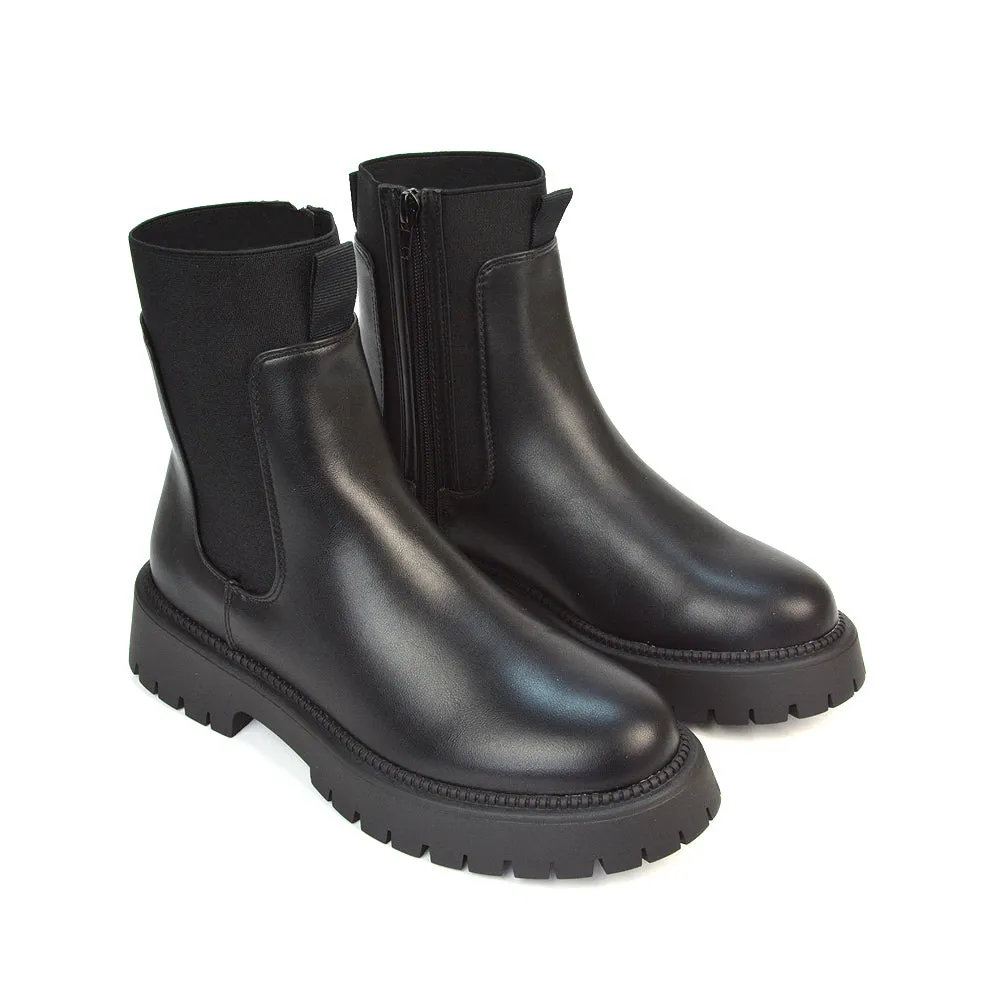 Nova Chunky Slip On Biker Sock Ankle Boots in Black PU