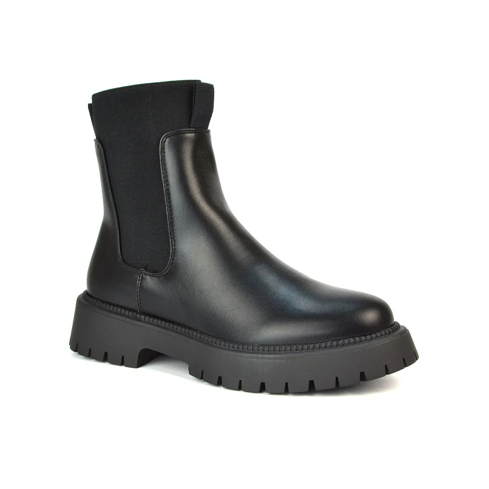Nova Chunky Slip On Biker Sock Ankle Boots in Black PU