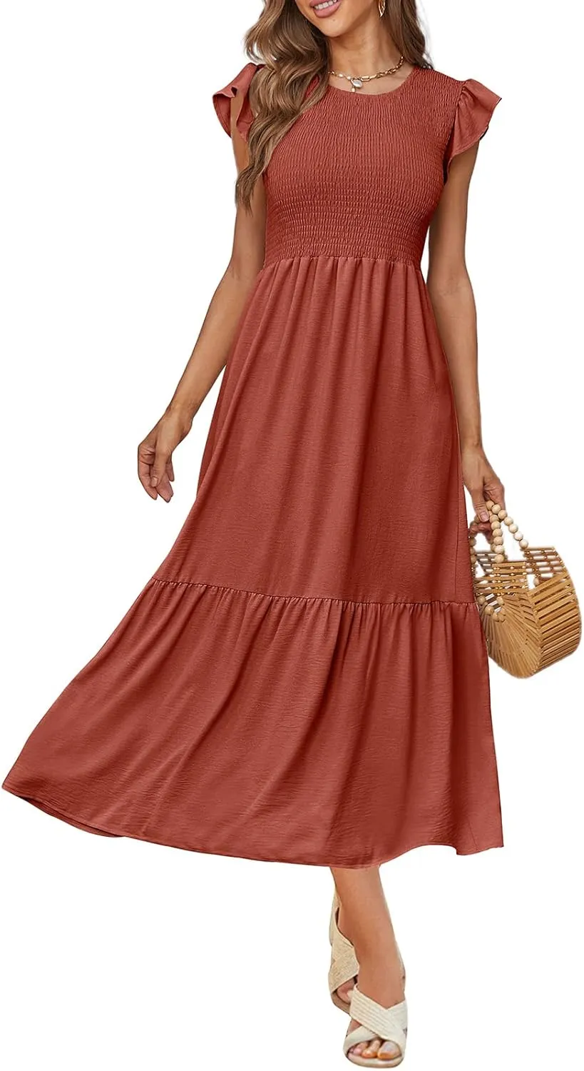 OFEEFAN Women's Casual Maxi Dresses with Pockets Ruffle Sleeve Smocked Dress XS-2XL