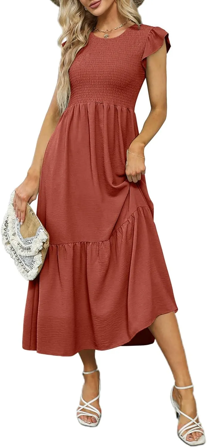 OFEEFAN Women's Casual Maxi Dresses with Pockets Ruffle Sleeve Smocked Dress XS-2XL
