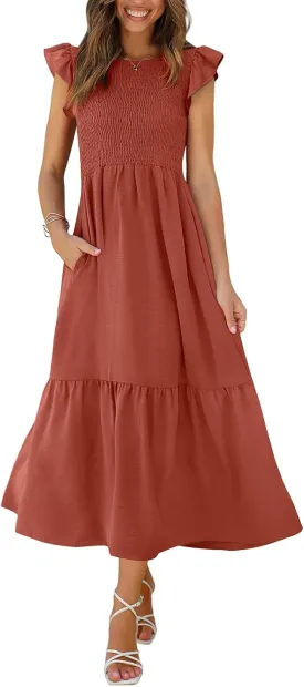 OFEEFAN Women's Casual Maxi Dresses with Pockets Ruffle Sleeve Smocked Dress XS-2XL