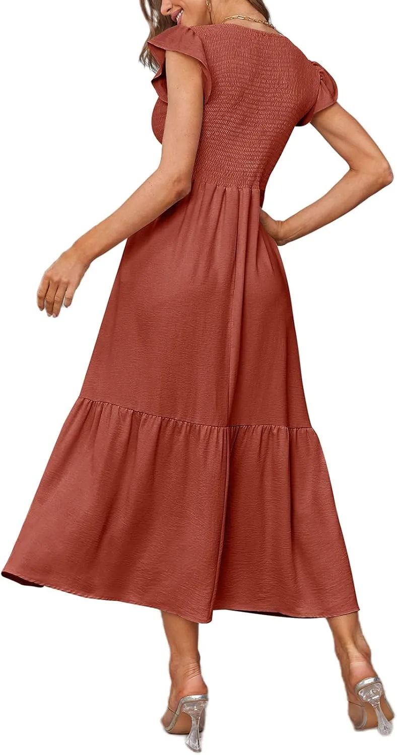 OFEEFAN Women's Casual Maxi Dresses with Pockets Ruffle Sleeve Smocked Dress XS-2XL