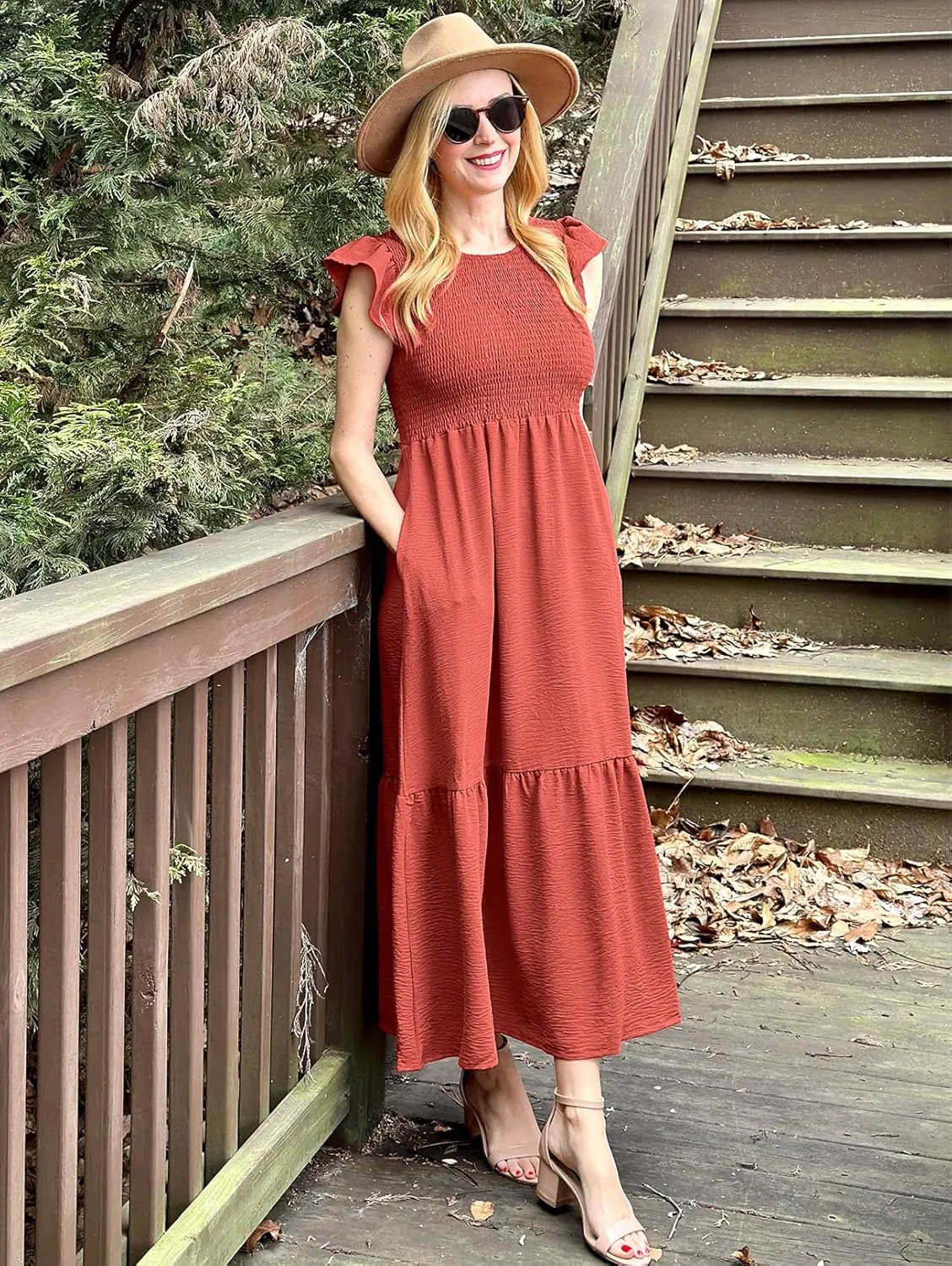 OFEEFAN Women's Casual Maxi Dresses with Pockets Ruffle Sleeve Smocked Dress XS-2XL