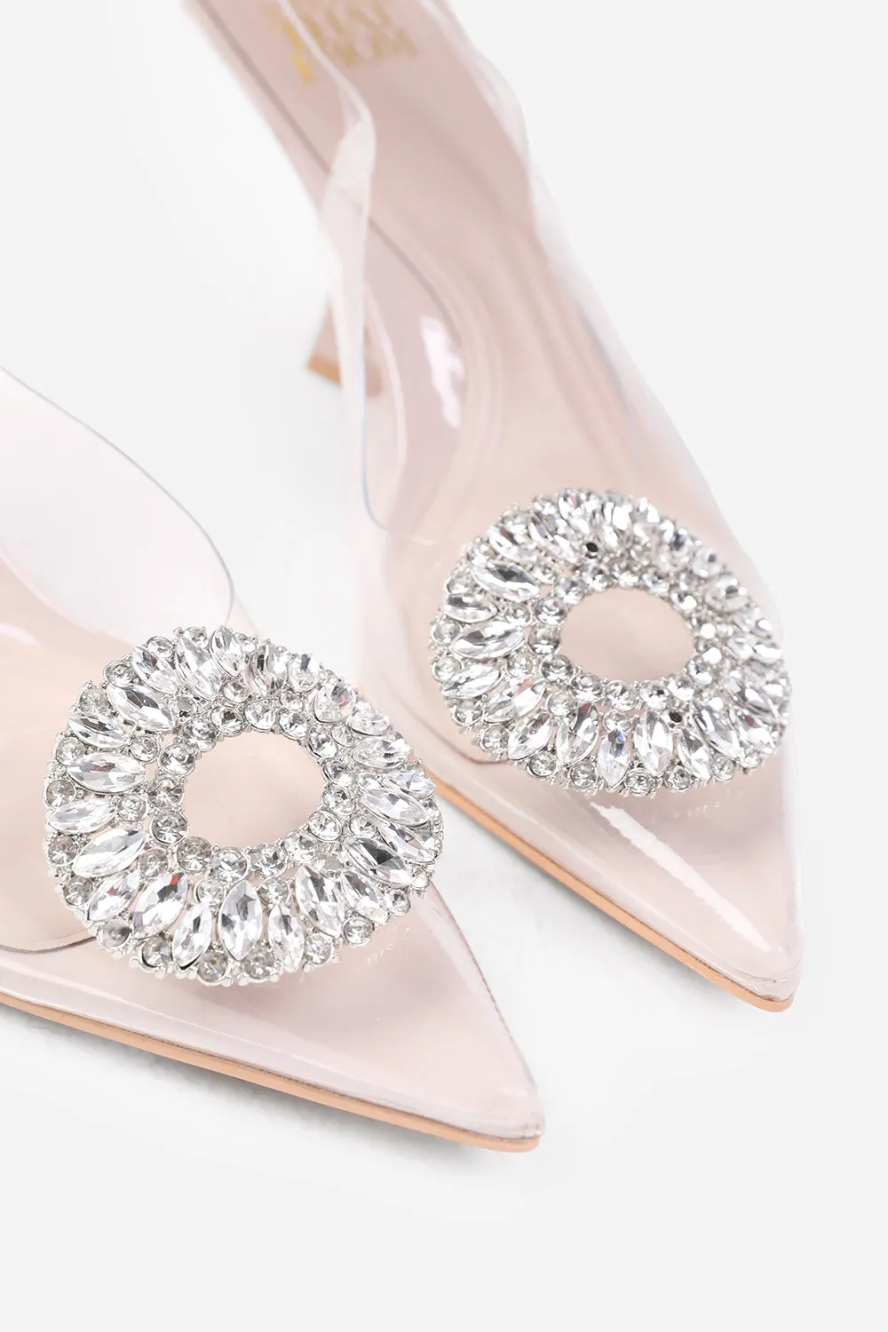 OPAL WIDE FIT PERSPEX LOW HEEL SANDALS WITH EMBELLISHED DETAIL IN NUDE FAUX LEATHER