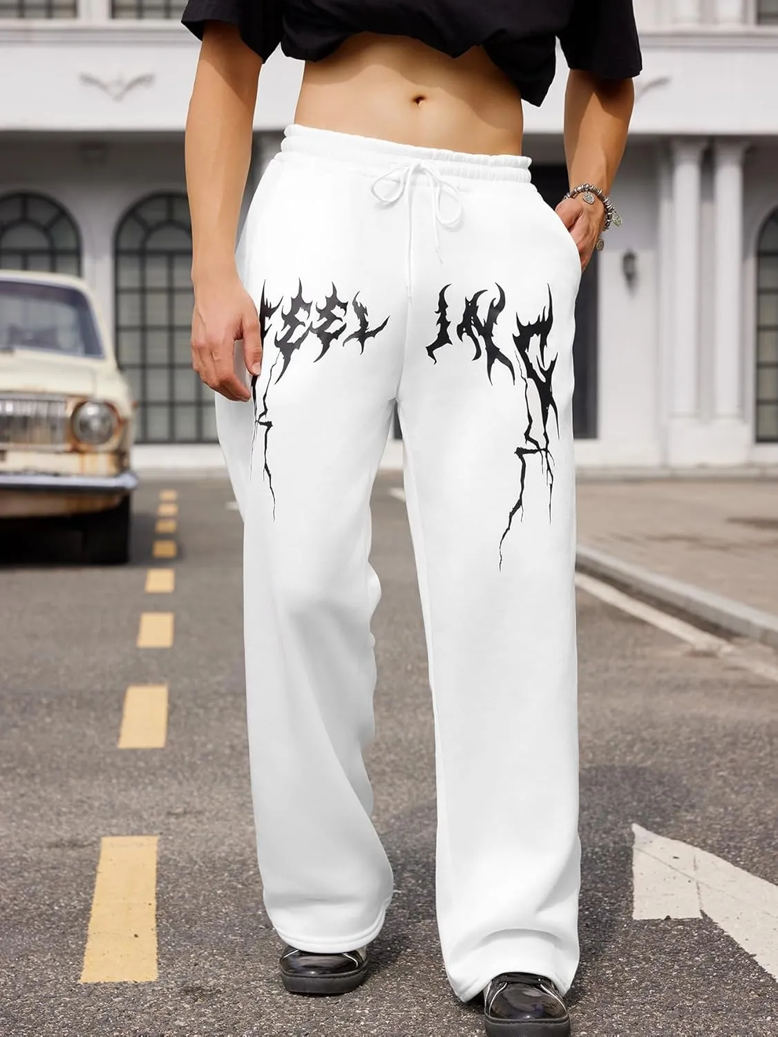 OYOANGLE Men's Graphic Print Drawstring Waist Baggy Sweatpants Loose Straight Leg Pants with Pocket