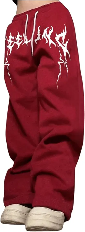 OYOANGLE Men's Graphic Print Drawstring Waist Baggy Sweatpants Loose Straight Leg Pants with Pocket