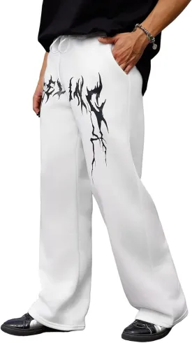 OYOANGLE Men's Graphic Print Drawstring Waist Baggy Sweatpants Loose Straight Leg Pants with Pocket