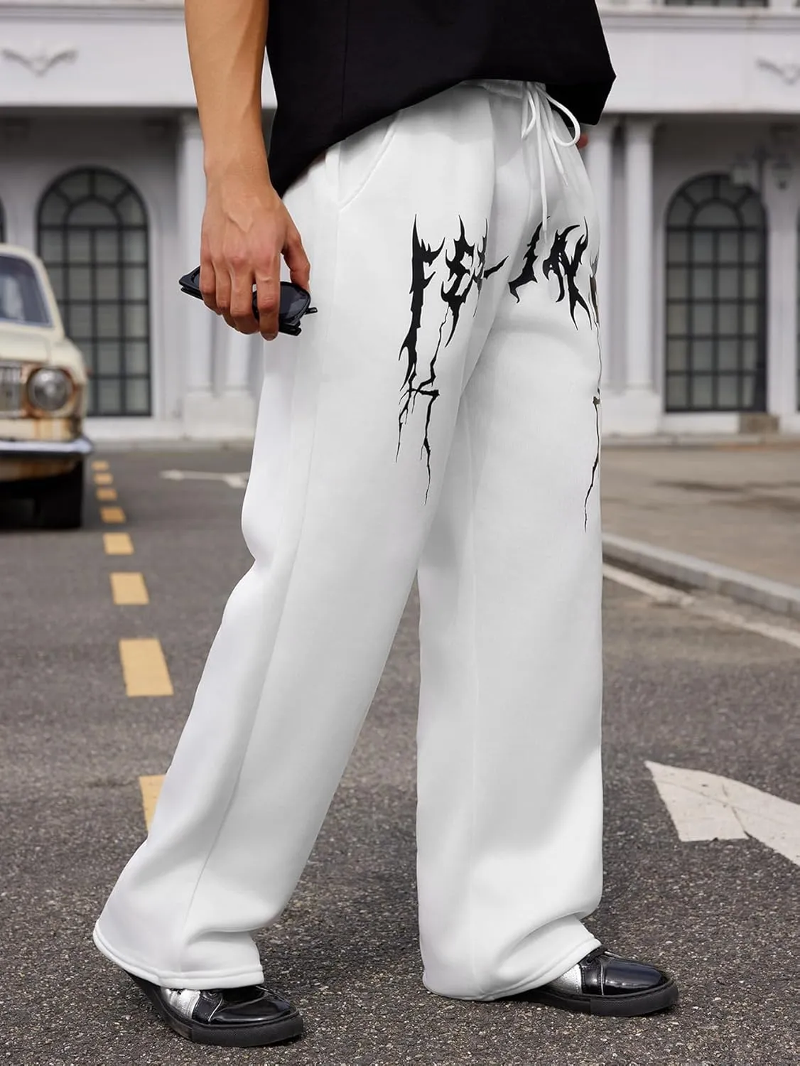 OYOANGLE Men's Graphic Print Drawstring Waist Baggy Sweatpants Loose Straight Leg Pants with Pocket