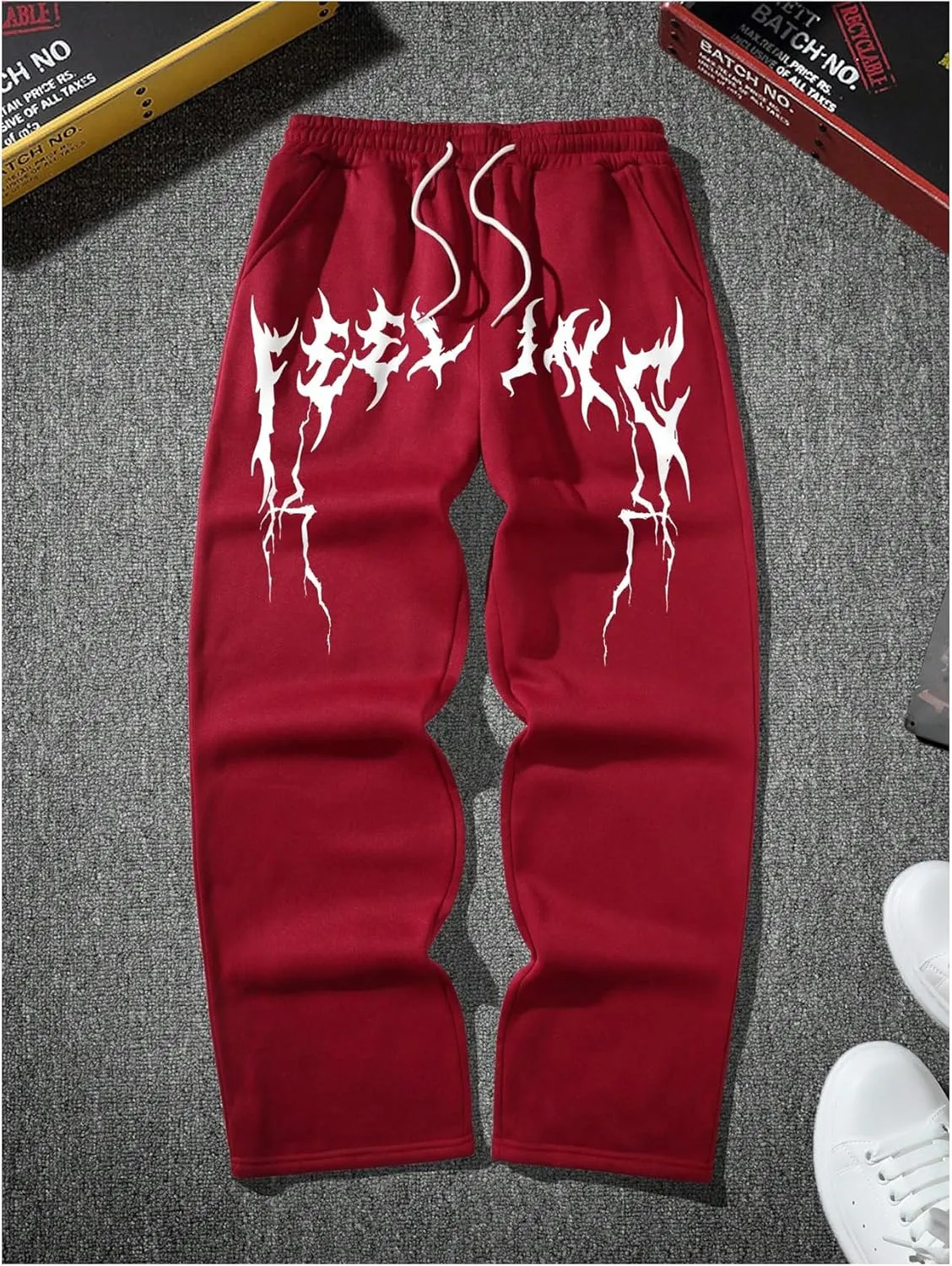 OYOANGLE Men's Graphic Print Drawstring Waist Baggy Sweatpants Loose Straight Leg Pants with Pocket