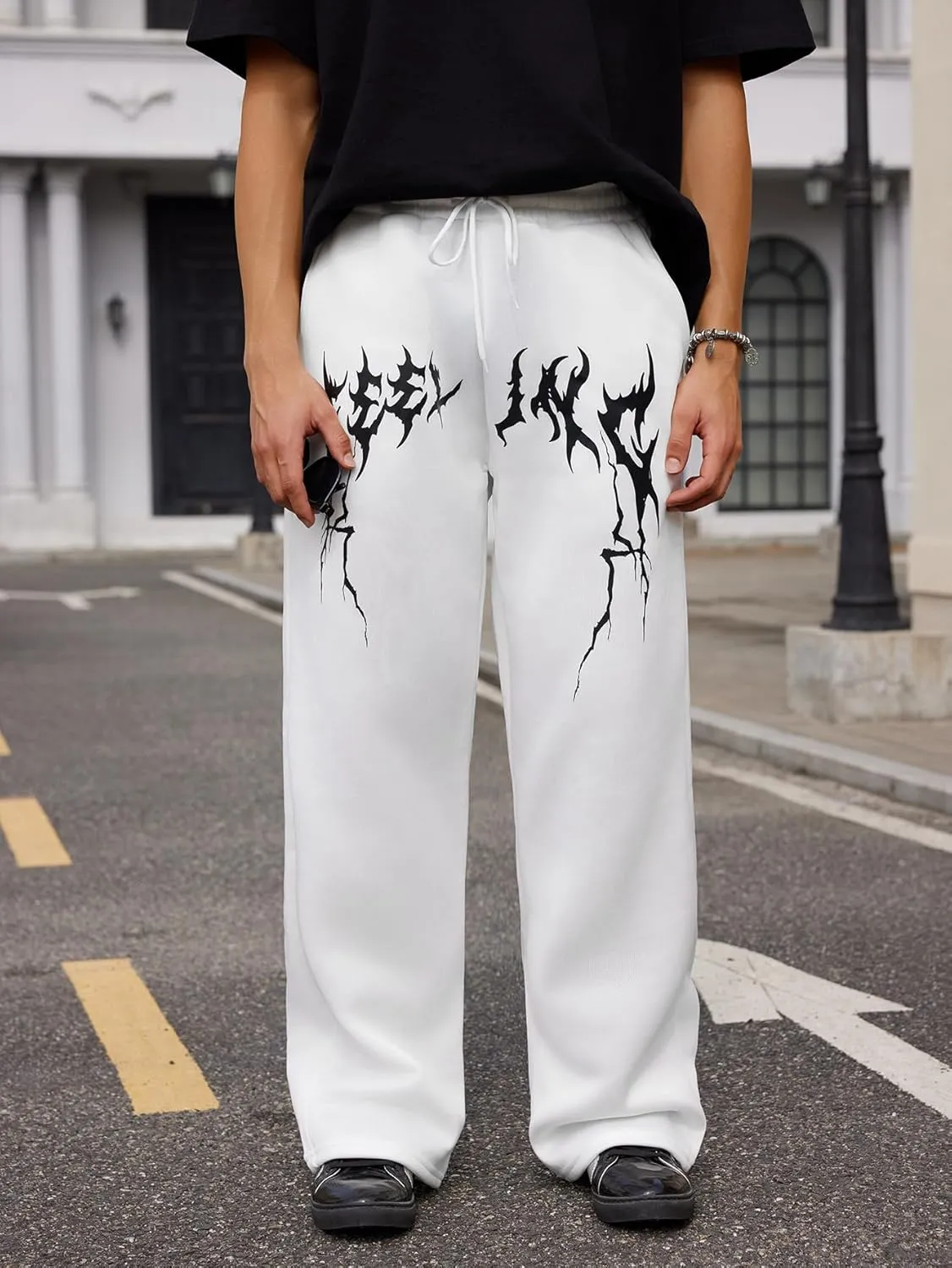 OYOANGLE Men's Graphic Print Drawstring Waist Baggy Sweatpants Loose Straight Leg Pants with Pocket