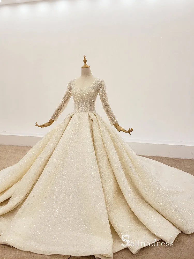 Selinadress Square Neck Sparkle Long Sleeve Luxury Wedding Dress illusion Wedding Gowns CB016