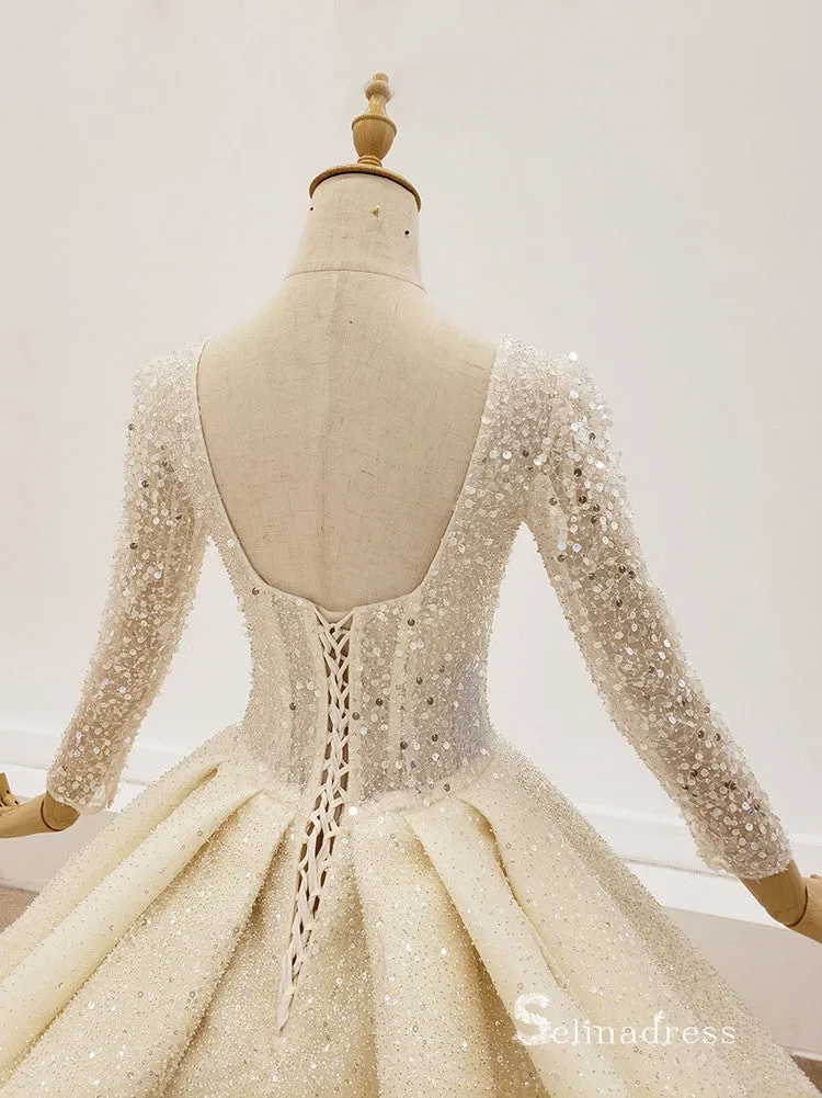 Selinadress Square Neck Sparkle Long Sleeve Luxury Wedding Dress illusion Wedding Gowns CB016