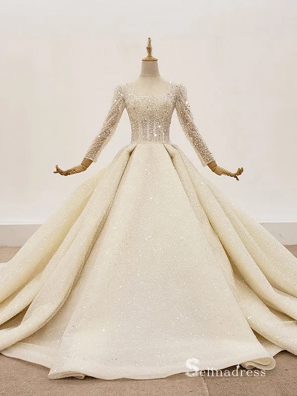 Selinadress Square Neck Sparkle Long Sleeve Luxury Wedding Dress illusion Wedding Gowns CB016