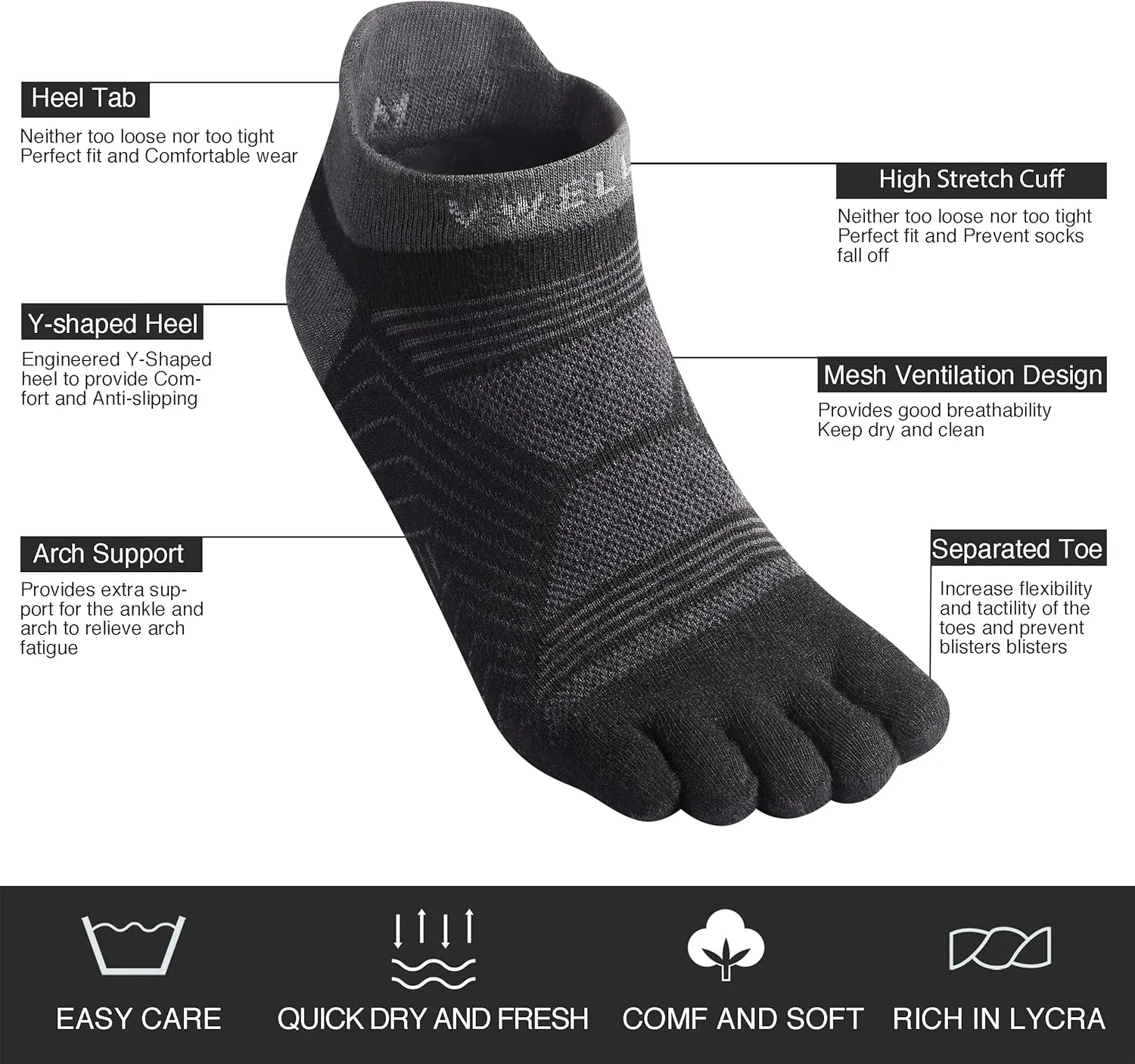 VWELL Toe Socks for Men/Women, COOLMAX Five Finger Socks, High Performance Athletic Toe Socks No Show (3Pairs)