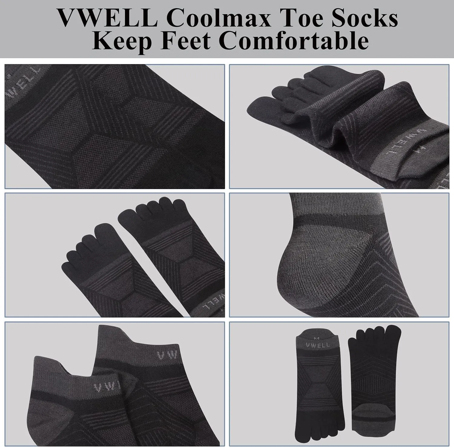 VWELL Toe Socks for Men/Women, COOLMAX Five Finger Socks, High Performance Athletic Toe Socks No Show (3Pairs)