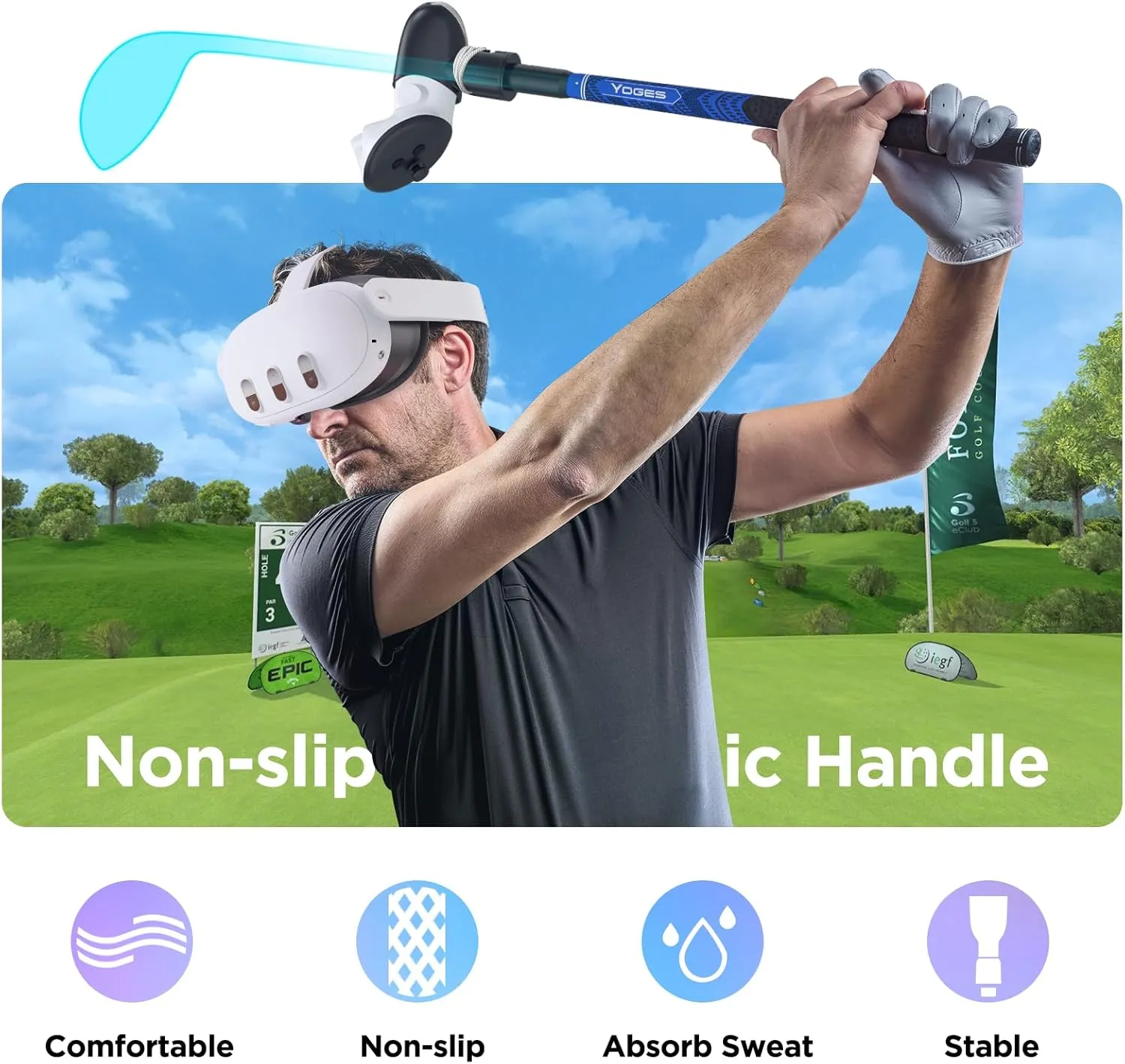 YOGES VR Golf Club Attachment Compatible with Meta Quest 3S/ Quest 3/ Oculus Quest 2 Controller, Non-Slip VR Golf Handle Grips 90 Degree Keep Tracking for Golf VR Games (ONLY for Right Controller)