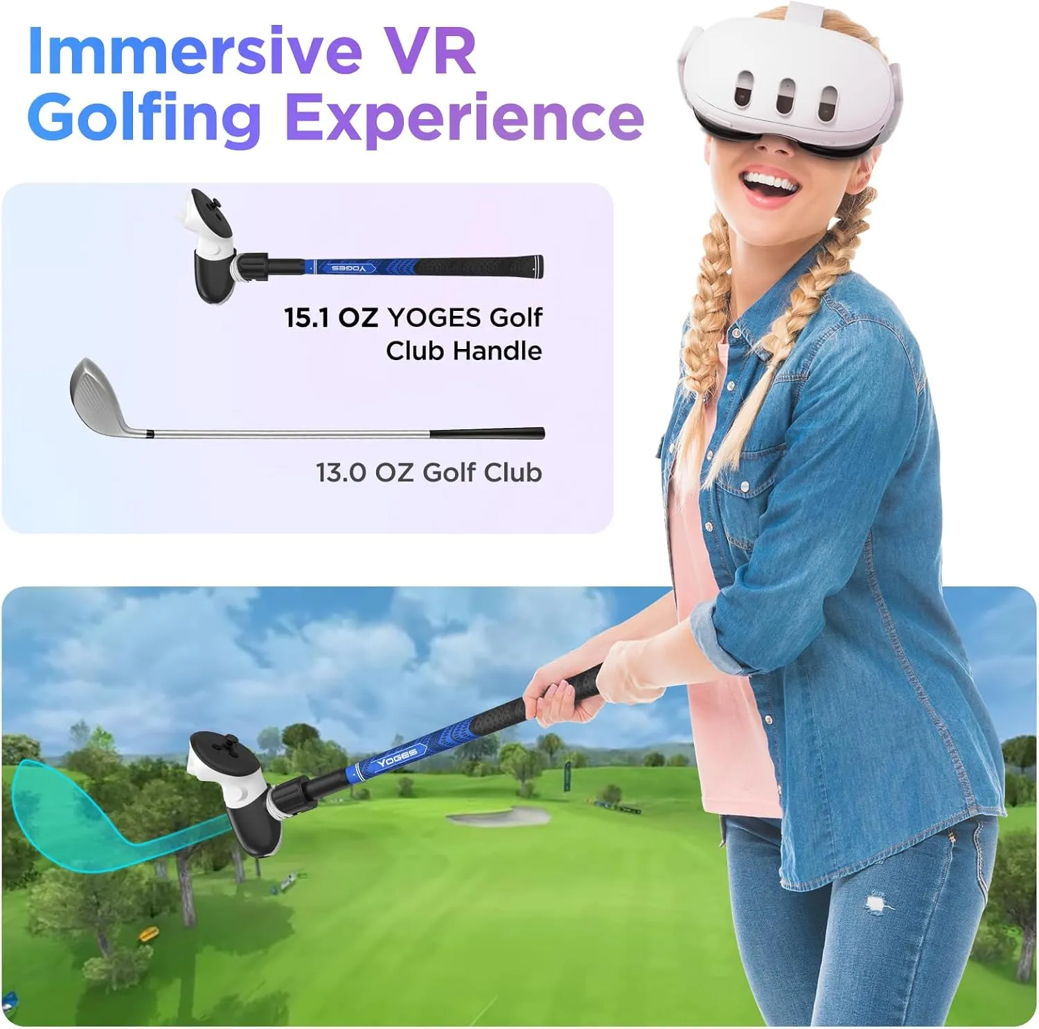 YOGES VR Golf Club Attachment Compatible with Meta Quest 3S/ Quest 3/ Oculus Quest 2 Controller, Non-Slip VR Golf Handle Grips 90 Degree Keep Tracking for Golf VR Games (ONLY for Right Controller)